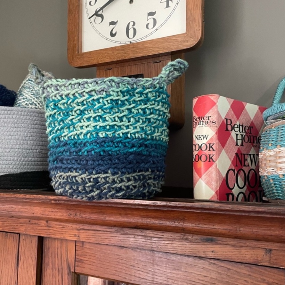 Handmade Basket Organization Green Blue Crochet Decor Hand Crafted Chunky Knit - Picture 1 of 17